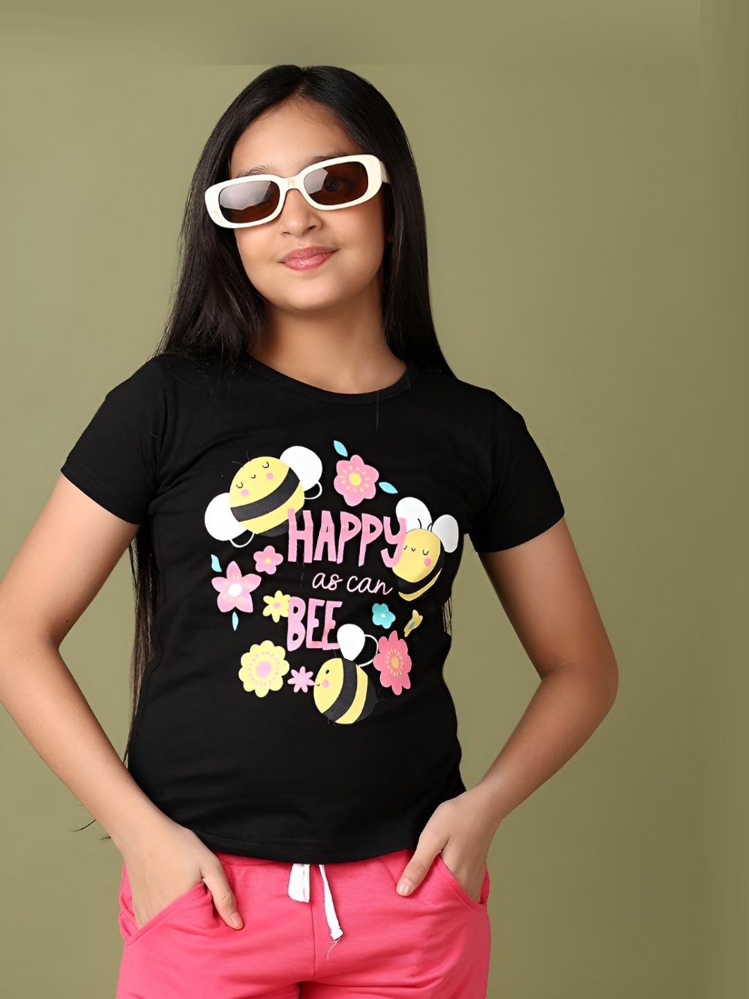 

V-Mart Girls Graphic Printed Round Neck Cotton T-shirt, Black
