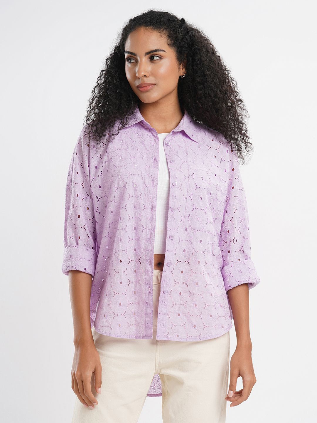 

Bombay High Women Comfort Spread Collar Textured Cotton Oversized Casual Shirt, Lavender