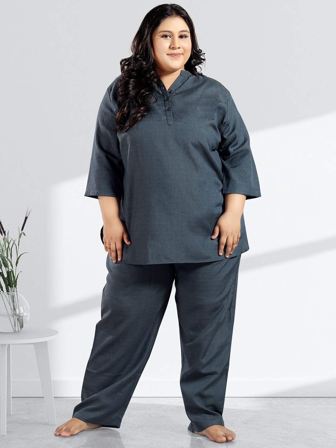 

TITTLI Women Plus Size Mandarin Collar Top With Pyjama Night Suit Set, Grey