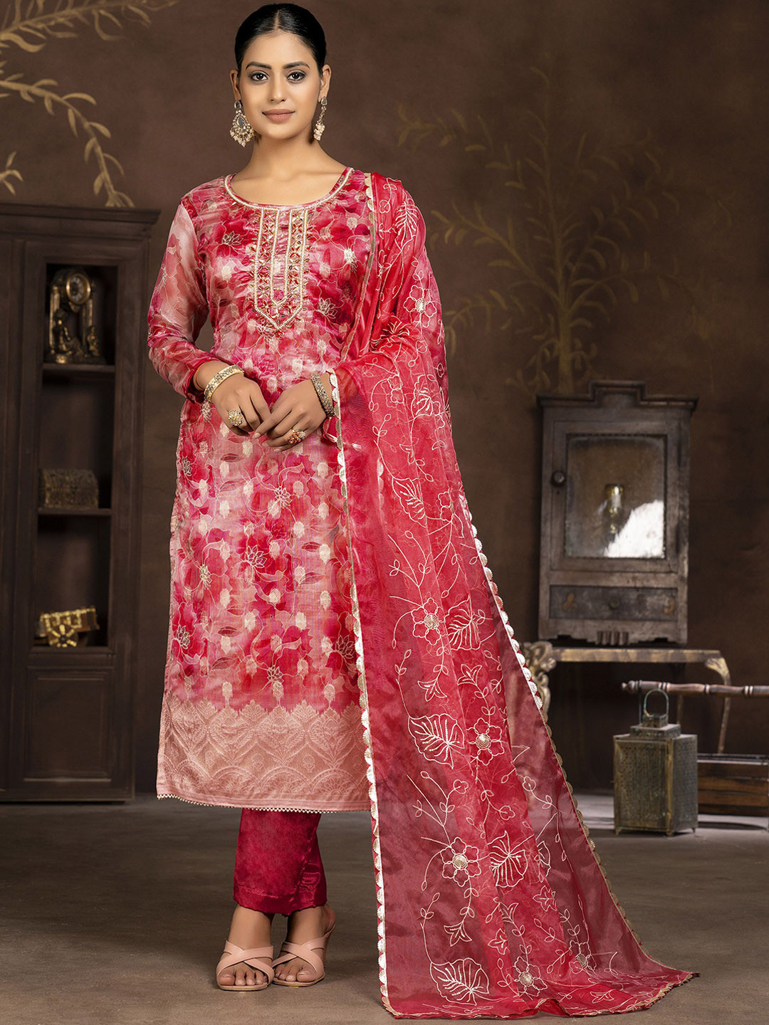 

Maroosh Floral Embroidered Unstitched Dress Material, Pink