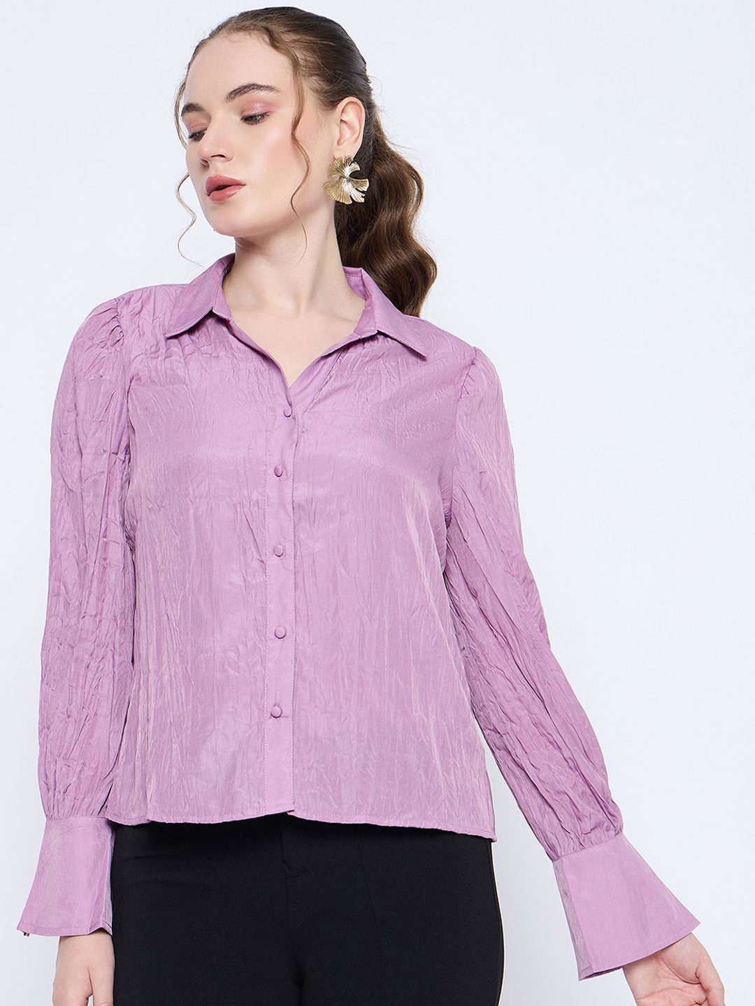 

Madame Women Spread Collar Solid Casual Shirt Comes With Slip, Lavender