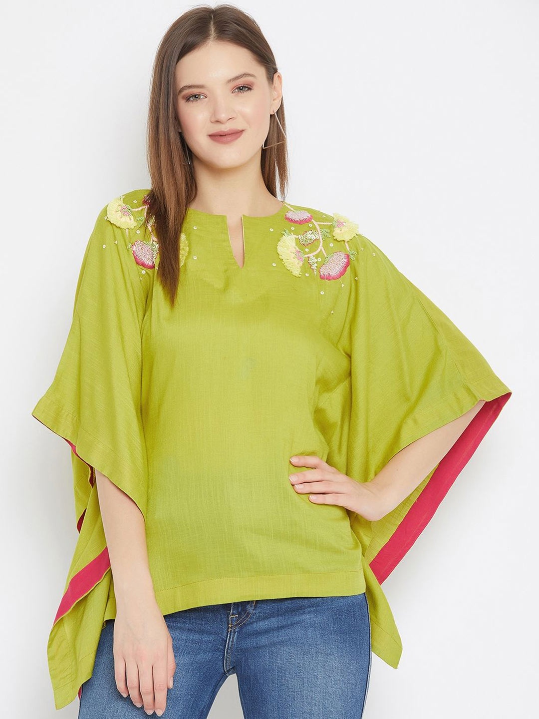 

The Kaftan Company Women Embellished Embroidered Kimono Sleeve Kaftan Top, Green