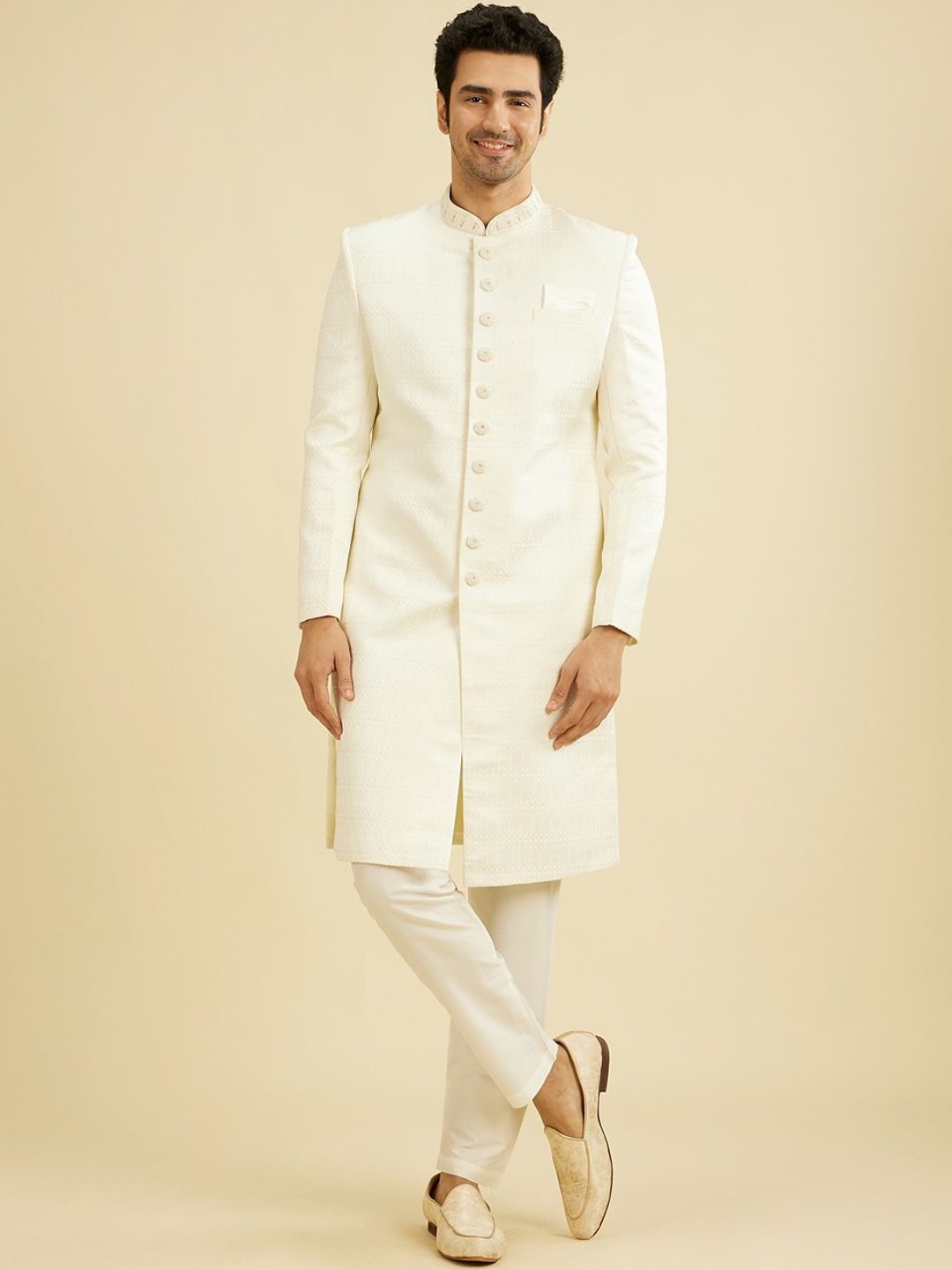 

Manyavar Men Self Design Sherwani Set, White