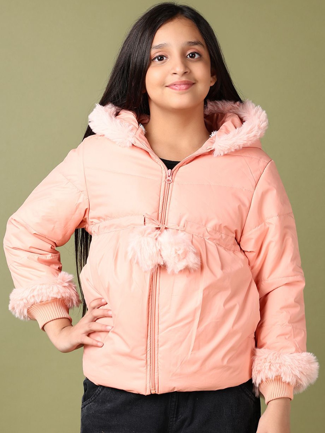 

V-Mart Girls Hooded Solid Cotton Casual Puffer Jacket, Peach