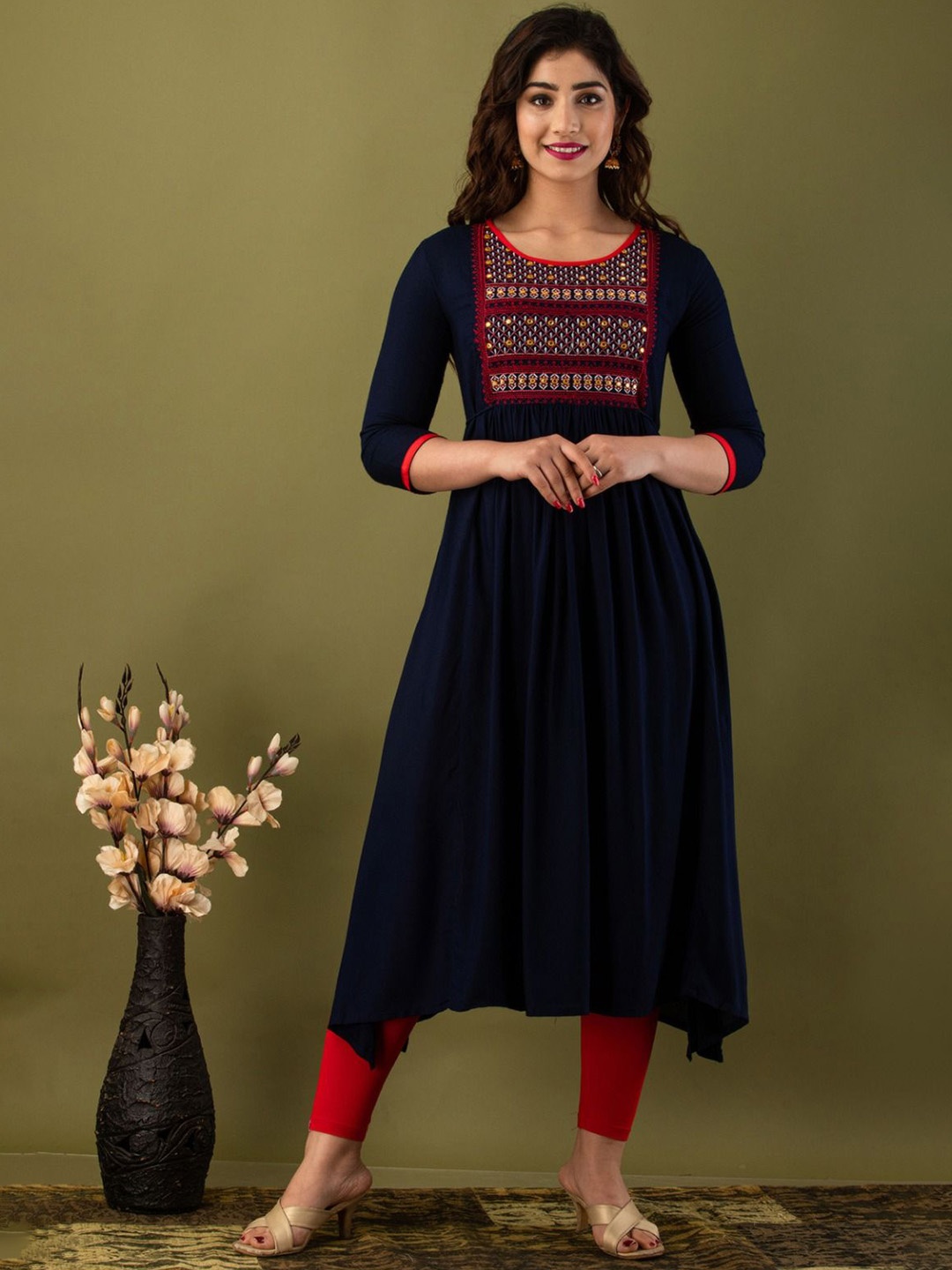 

ANNU PARIDHAN Ethnic Motifs Embroidered Thread Work Anarkali Kurta, Navy blue
