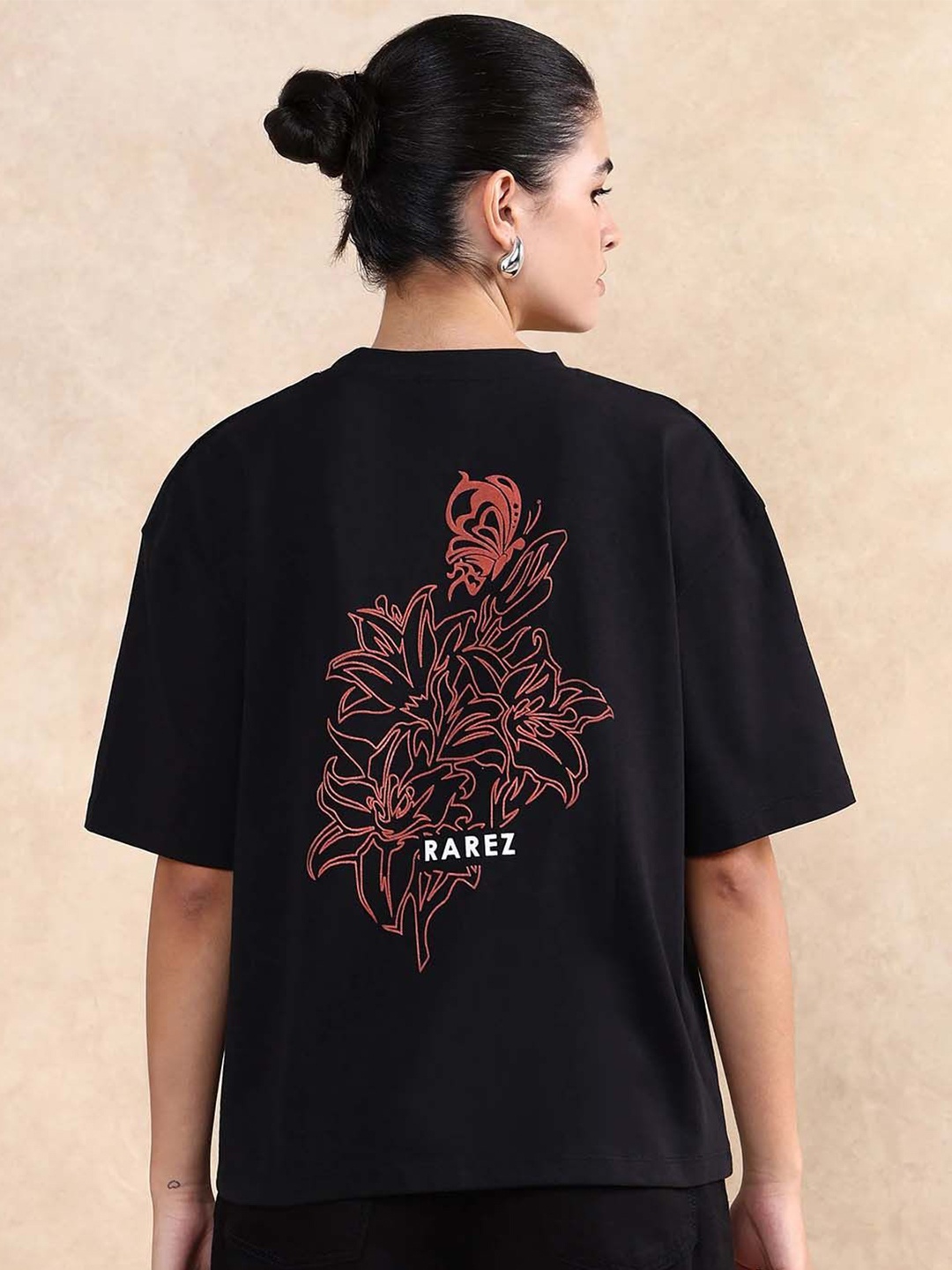 

RAREISM Women Graphic Printed Round Neck Cotton Oversized T-shirt, Black