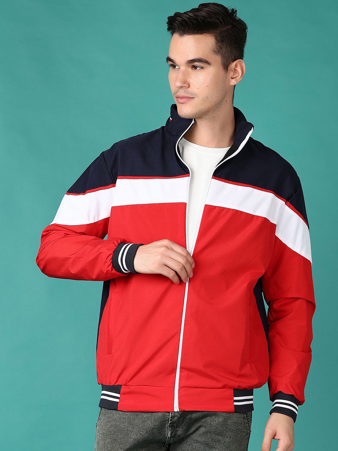 

V-Mart Men Mock Collar Colourblocked Cotton Casual Bomber Jacket, Red