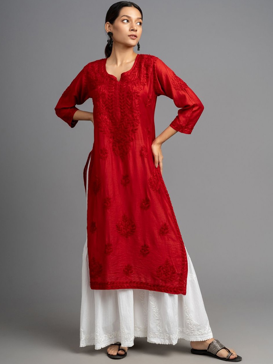 

Hastya Kala Floral Embroidered Chikankari Chanderi Silk Straight Kurta, Red