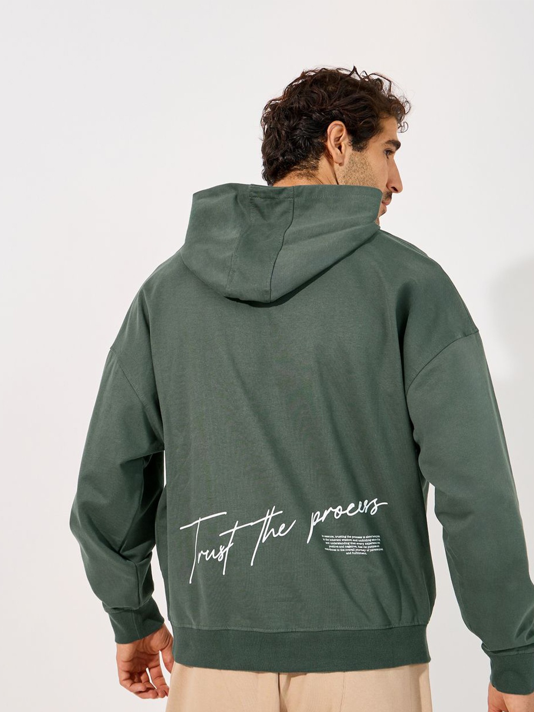 

Styli Typography Printed Hooded Cotton Oversized Fit Pullover Sweatshirt, Green