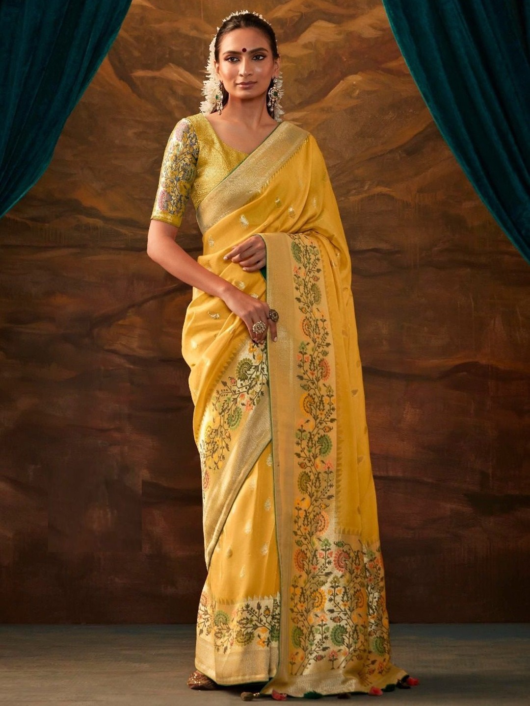

MAHALASA Ethnic Motifs Woven Design Zari Paithani Saree, Yellow