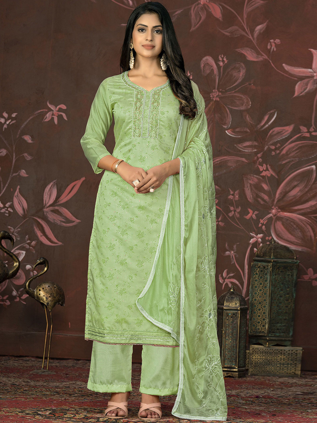 

Maroosh Floral Embroidered Unstitched Dress Material, Green