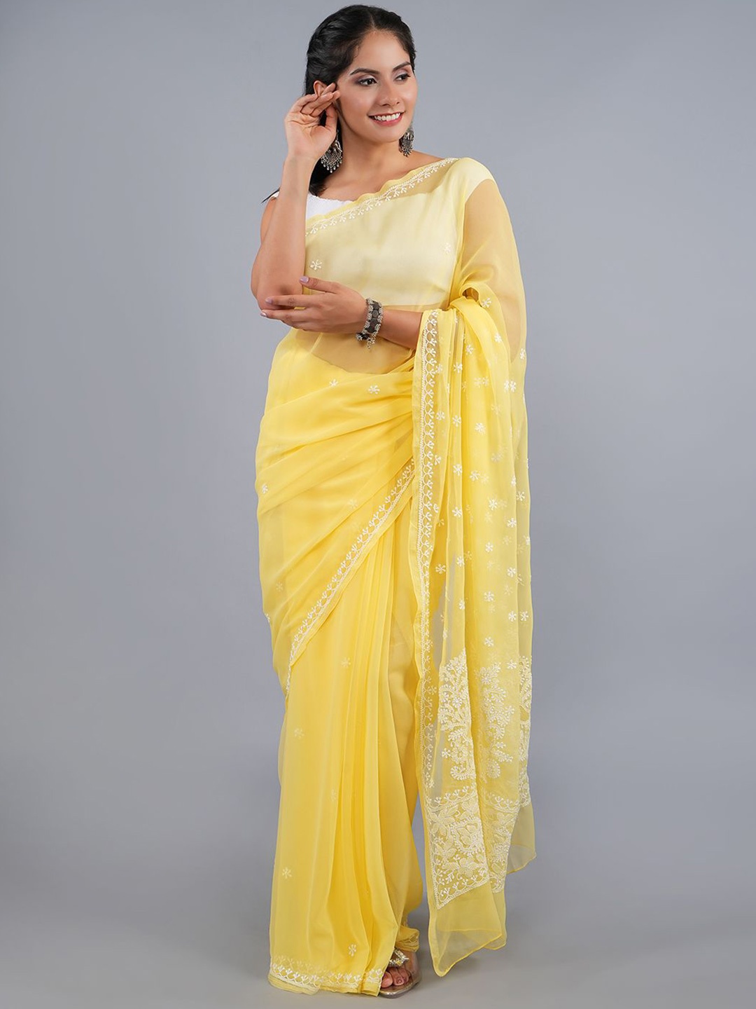 

Seva Chikan Floral Embroidered Saree, Yellow