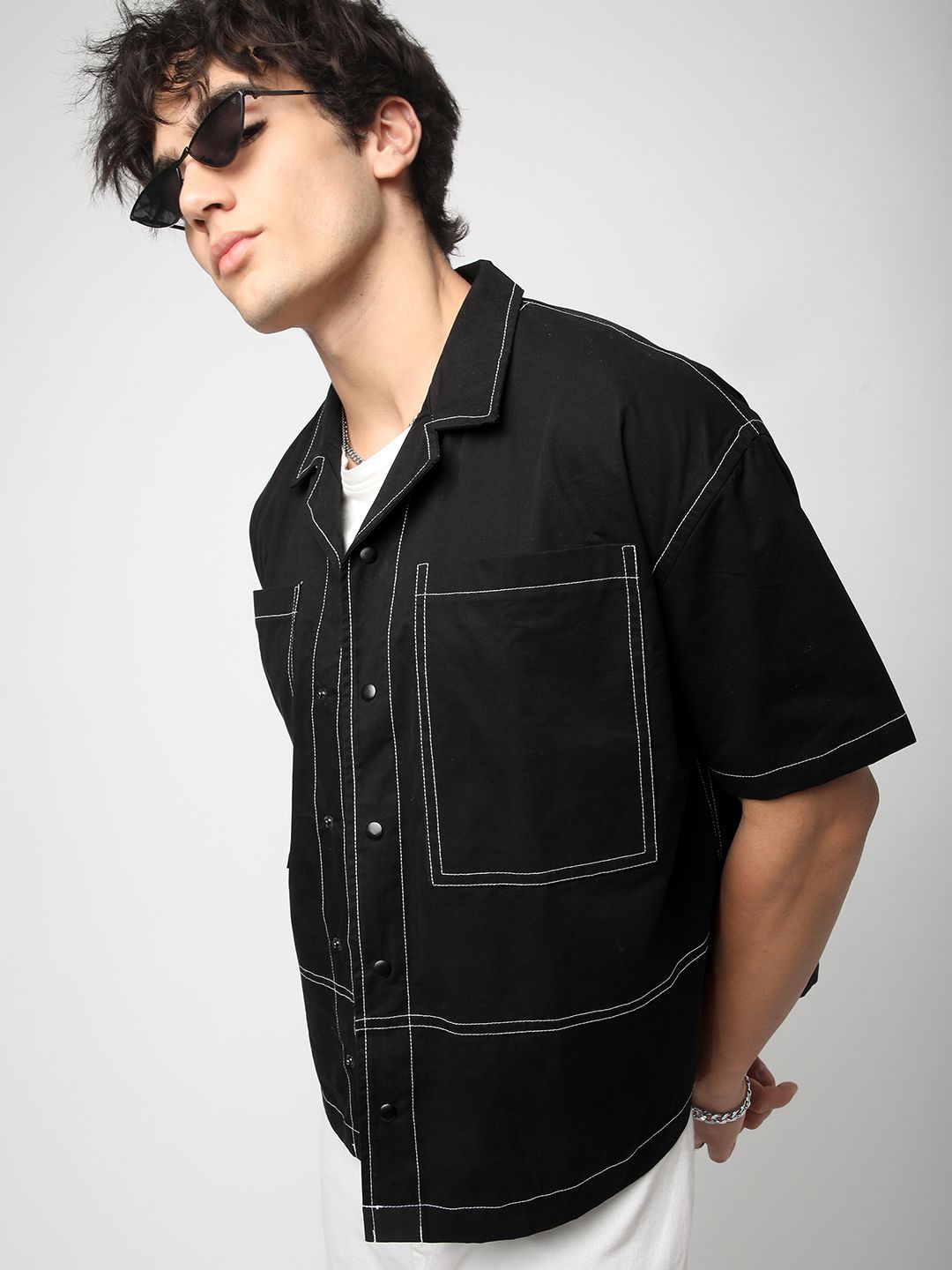 

VASTRADO Men Classic Cuban Collar Solid Cotton Oversized Casual Shirt, Black