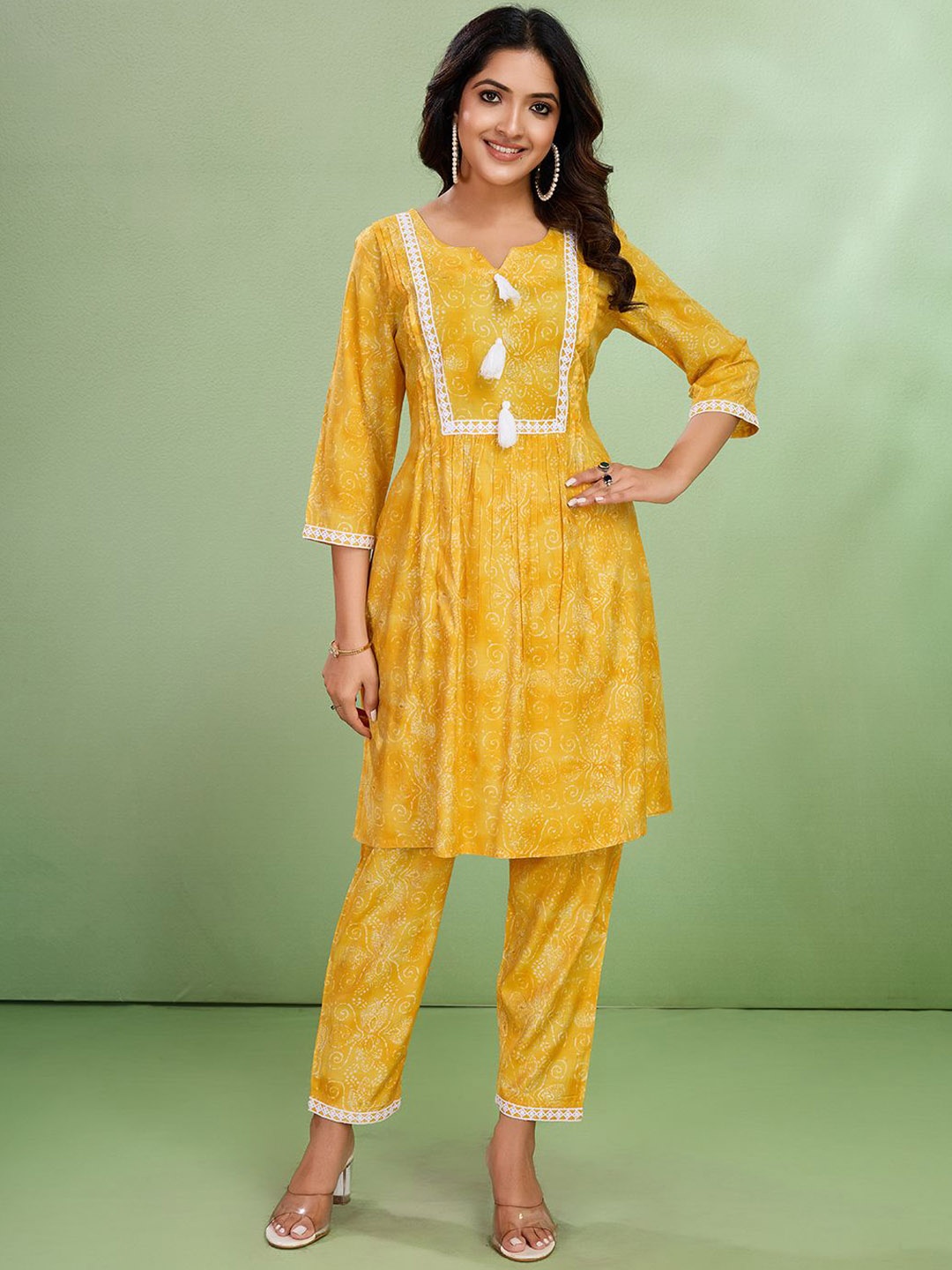 

Sangria Ethnic Motifs Printed A Line Kurta With Trousers, Yellow