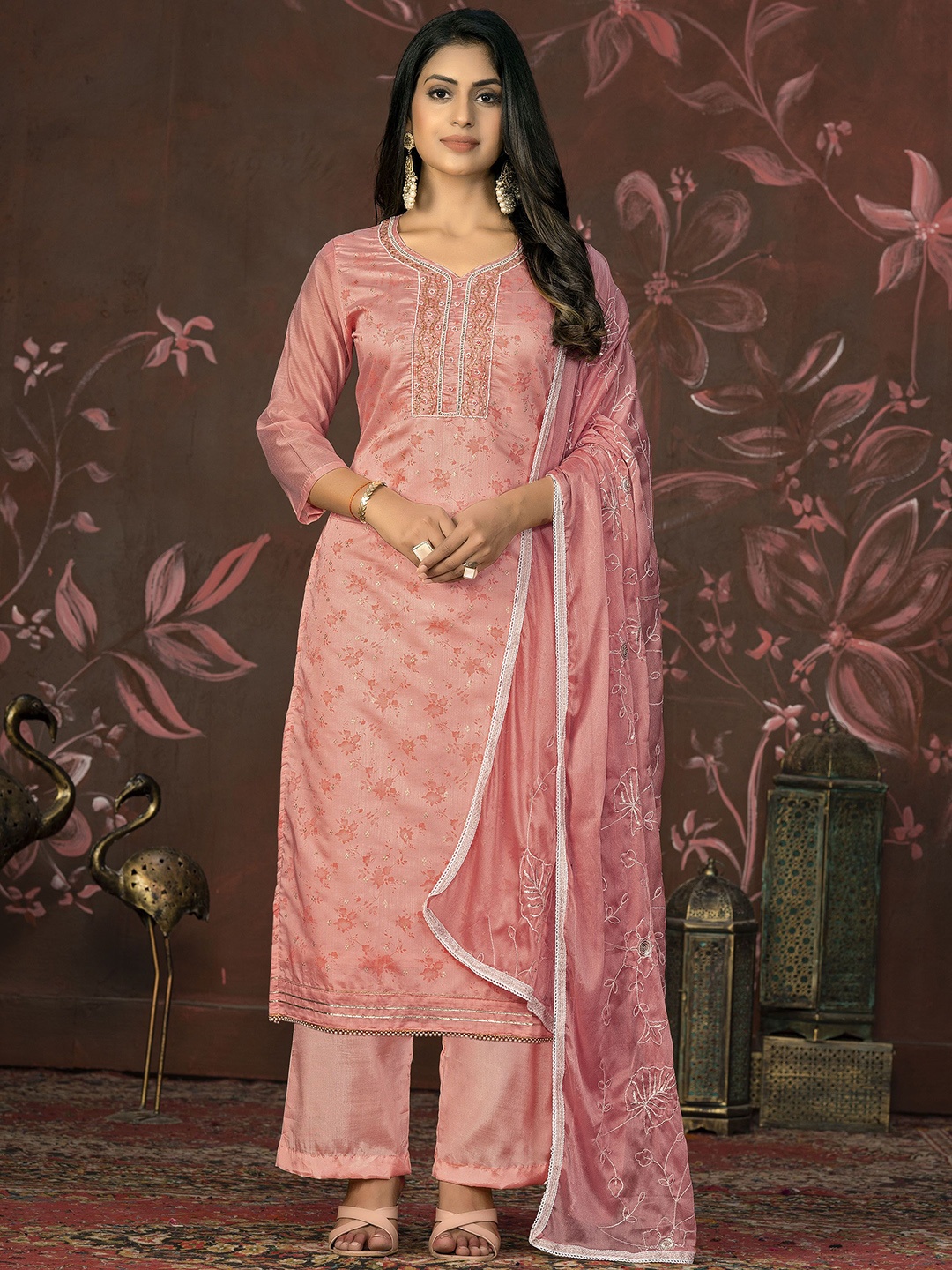 

Maroosh Floral Embroidered Unstitched Dress Material, Peach