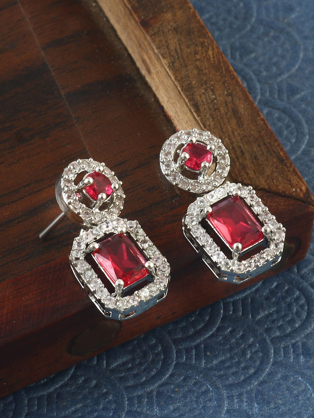 

Jewar Mandi Silver-Plated Cubic Zirconia Studded Square Drop Earrings