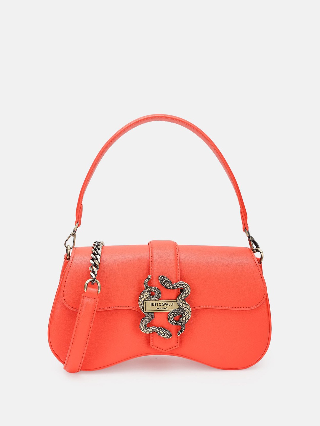 

Just Cavalli Women Solid Structured Satchel Bag, Coral