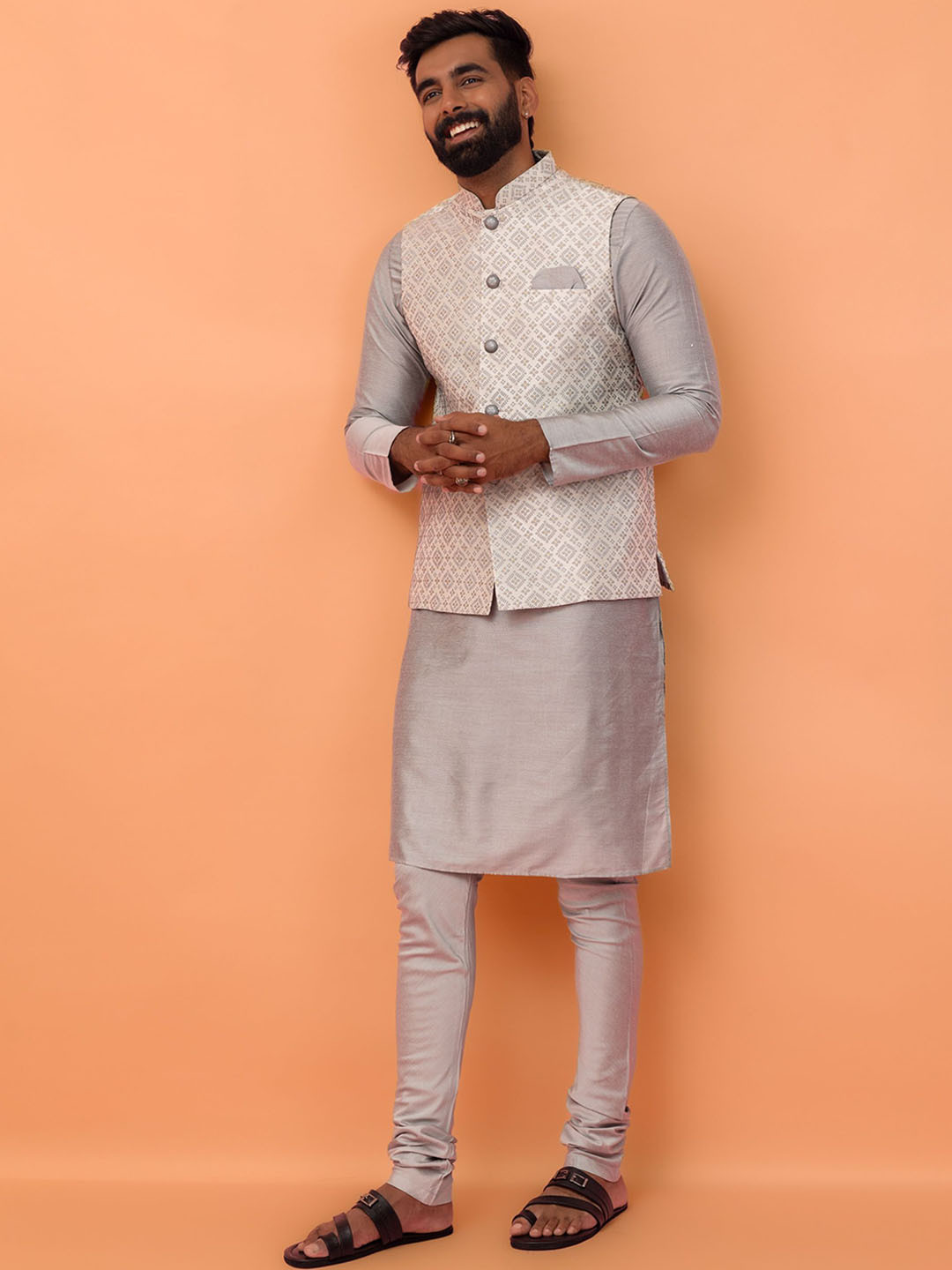 

KISAH Mandarin Collar Straight Kurta With Churidar & Woven Design Nehru jacket, Grey