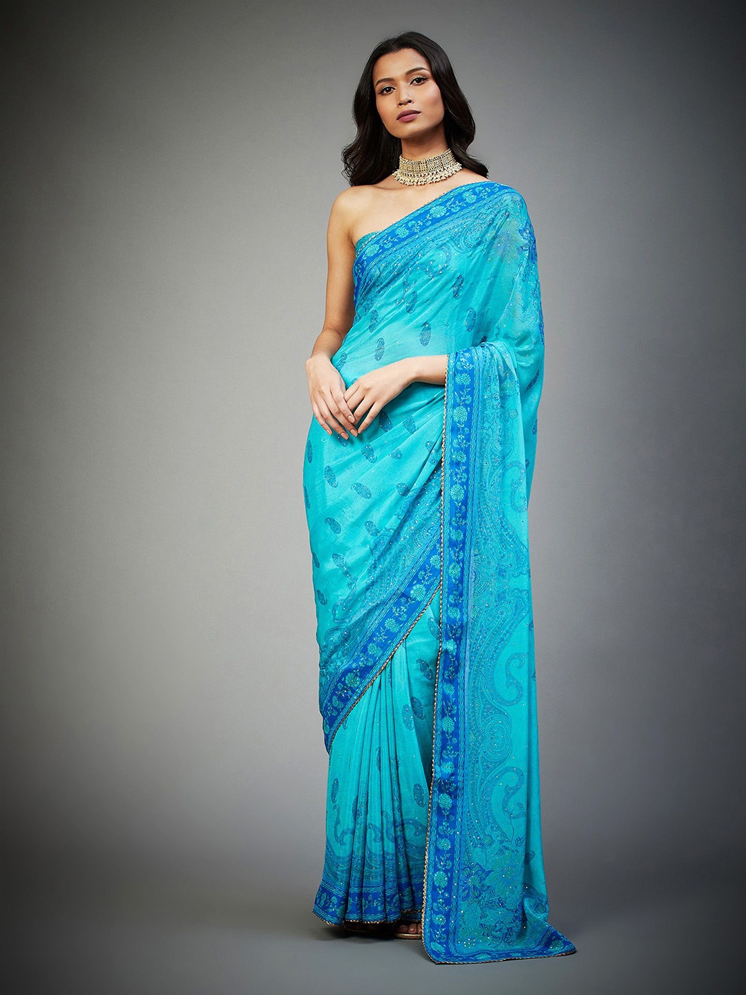 

Ri.Ritu Kumar Printed Paisley Sequinned Saree, Turquoise blue