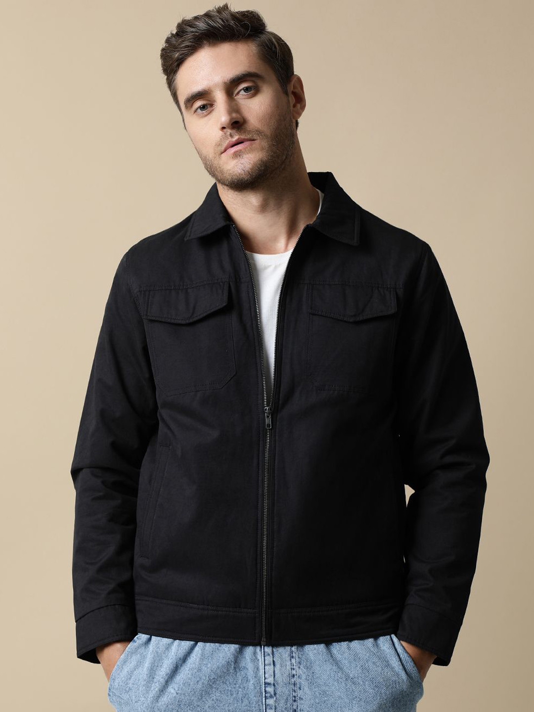 

Fort Collins Men Spread Collar Solid Cotton Casual Denim Jacket, Black