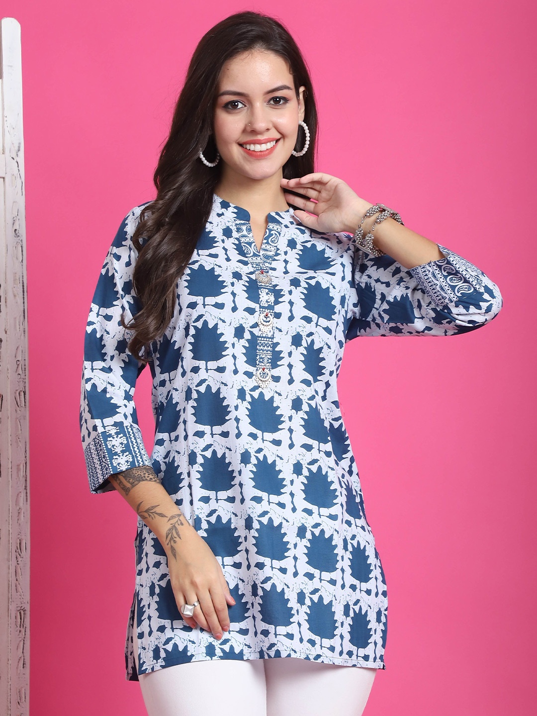 

Roly Poly Women Printed Mandarin Collar Ethnic Tunic, Blue