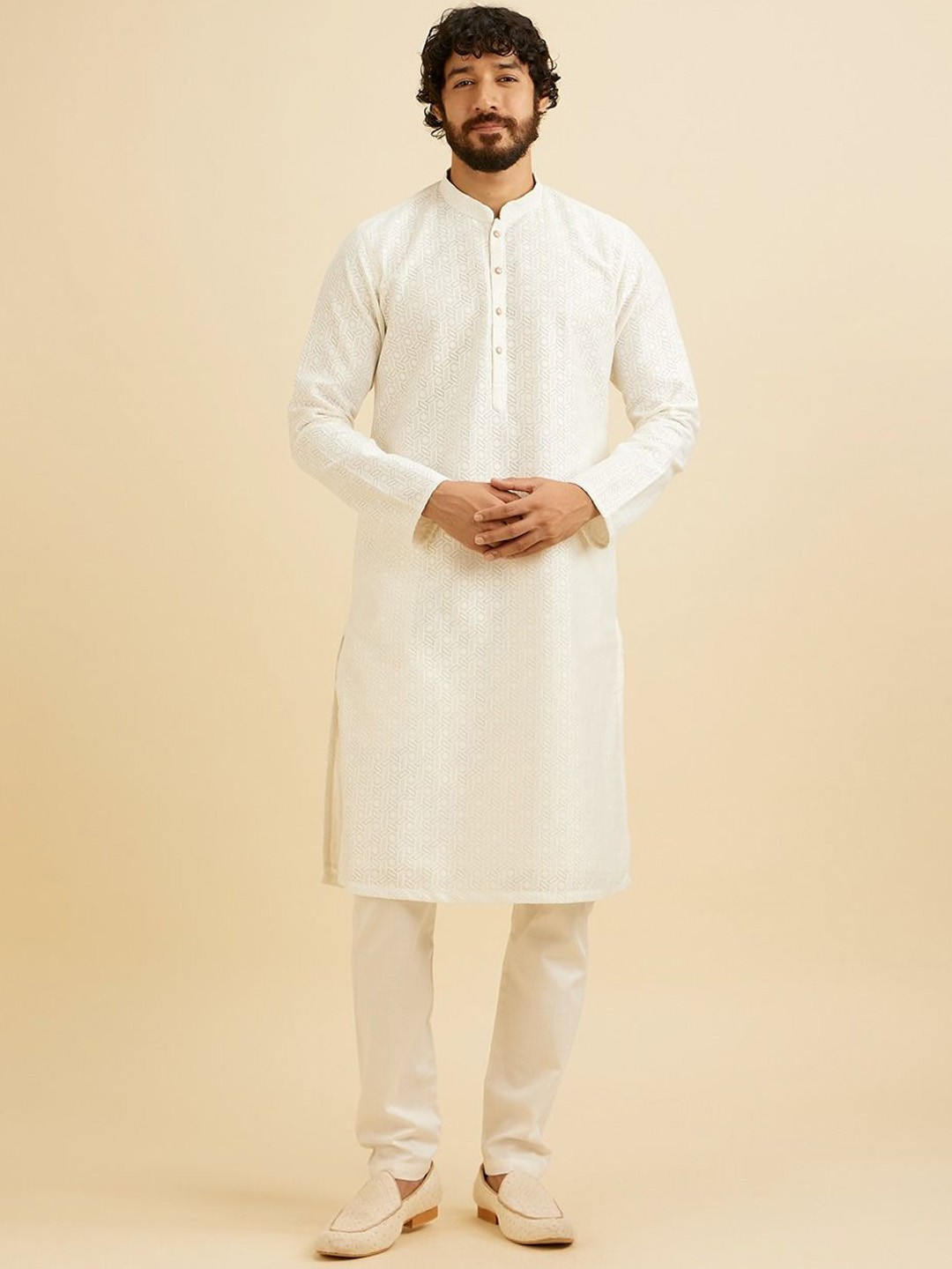 

Manyavar Self Design Straight Kurta with Pyjamas, White