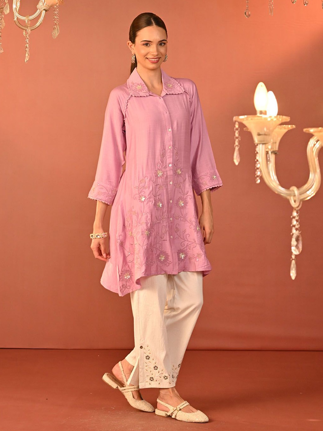 

Lakshita Women Shirt Collar Embroidered Tunic, Pink