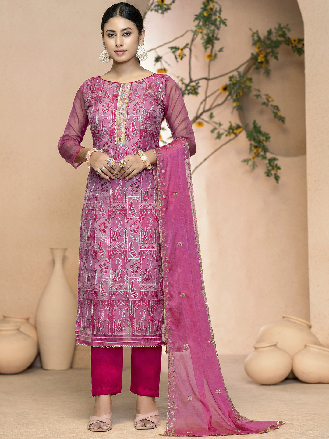 

Maroosh Paisley Embroidered Sequinned Organza Unstitched Dress Material, Pink