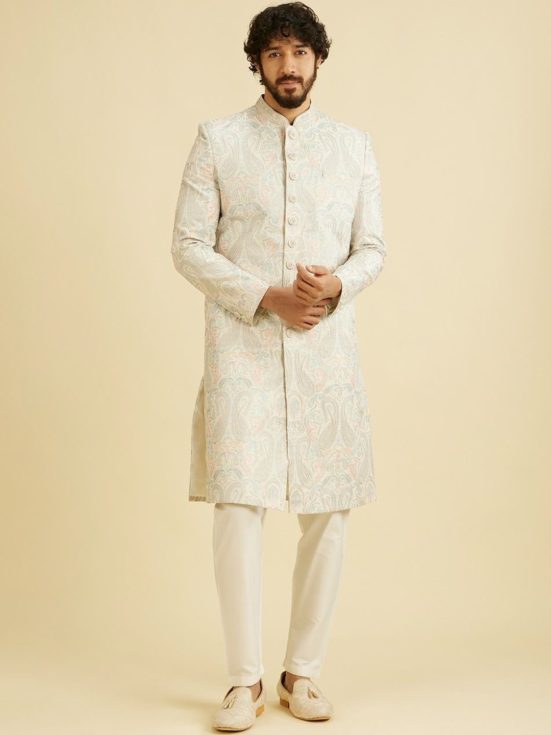 

Manyavar Men Embroidered Straight Sherwani Set, Off white