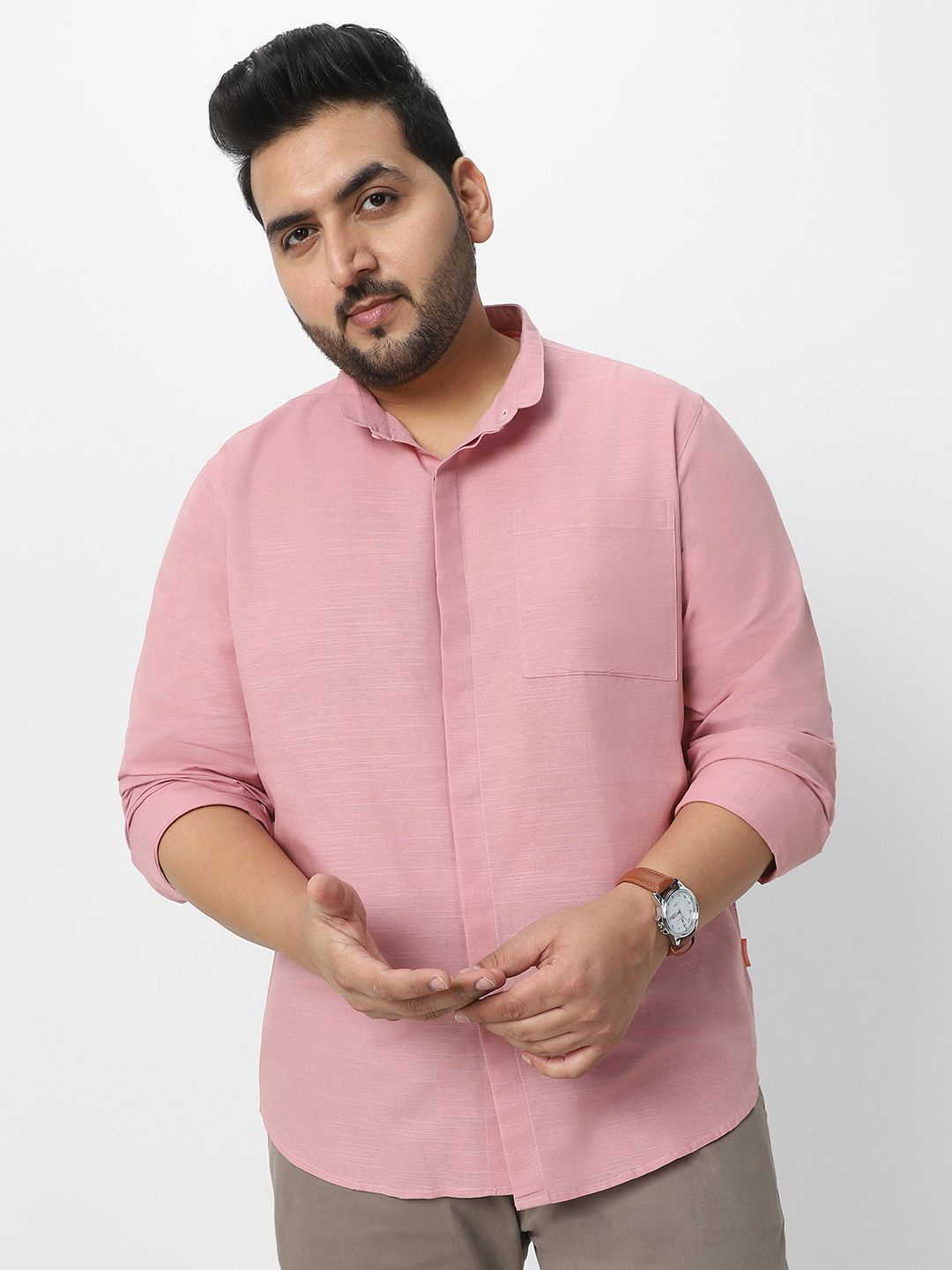 

Urbano Plus Size Slim Collar Lightweight Slub Cotton Casual Shirt, Pink