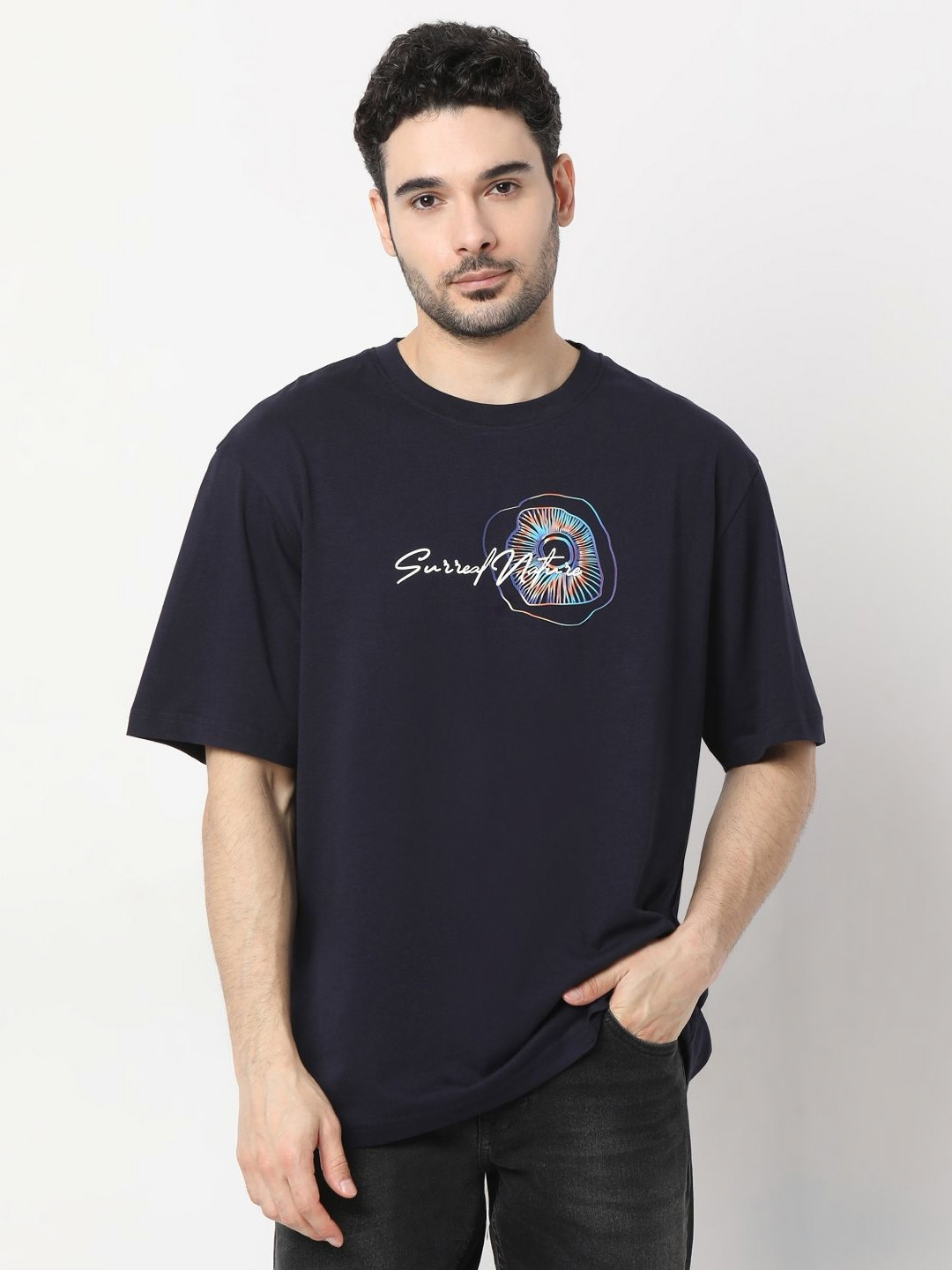 

SPYKAR Men Graphic Printed Round Neck Cotton T-shirt, Black