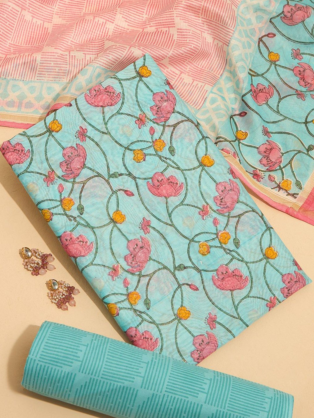 

Taneira Floral Printed Pure Silk Unstitched Dress Material, Blue