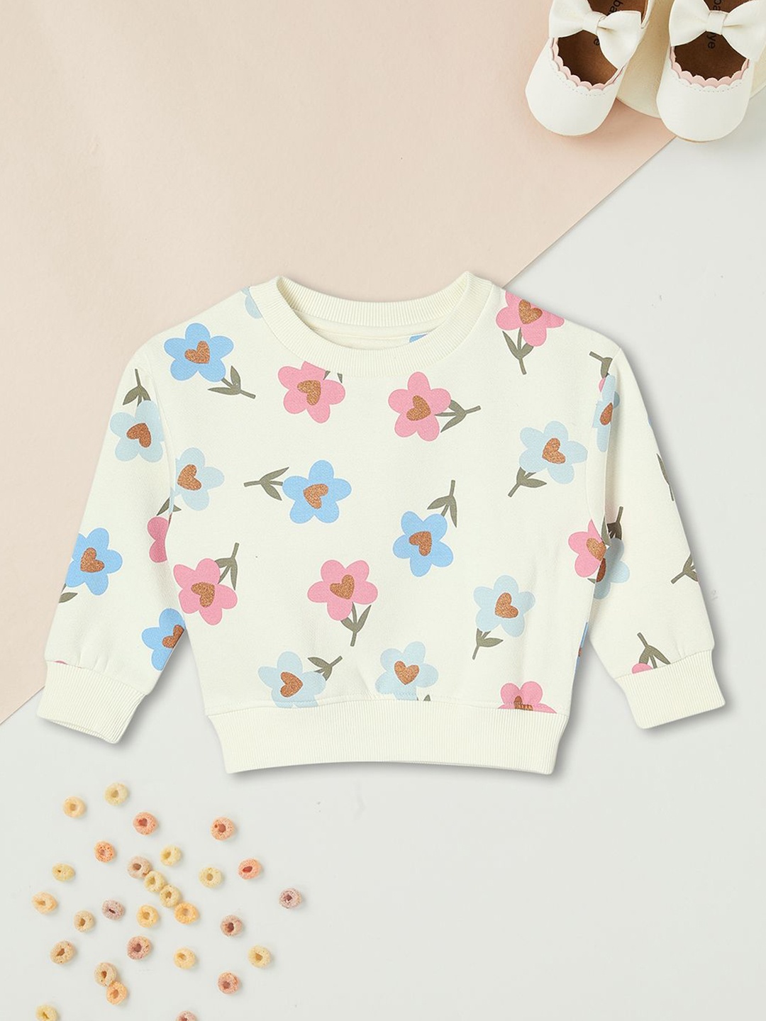 

max Girls Cotton Floral Printed Sweatshirt, Beige