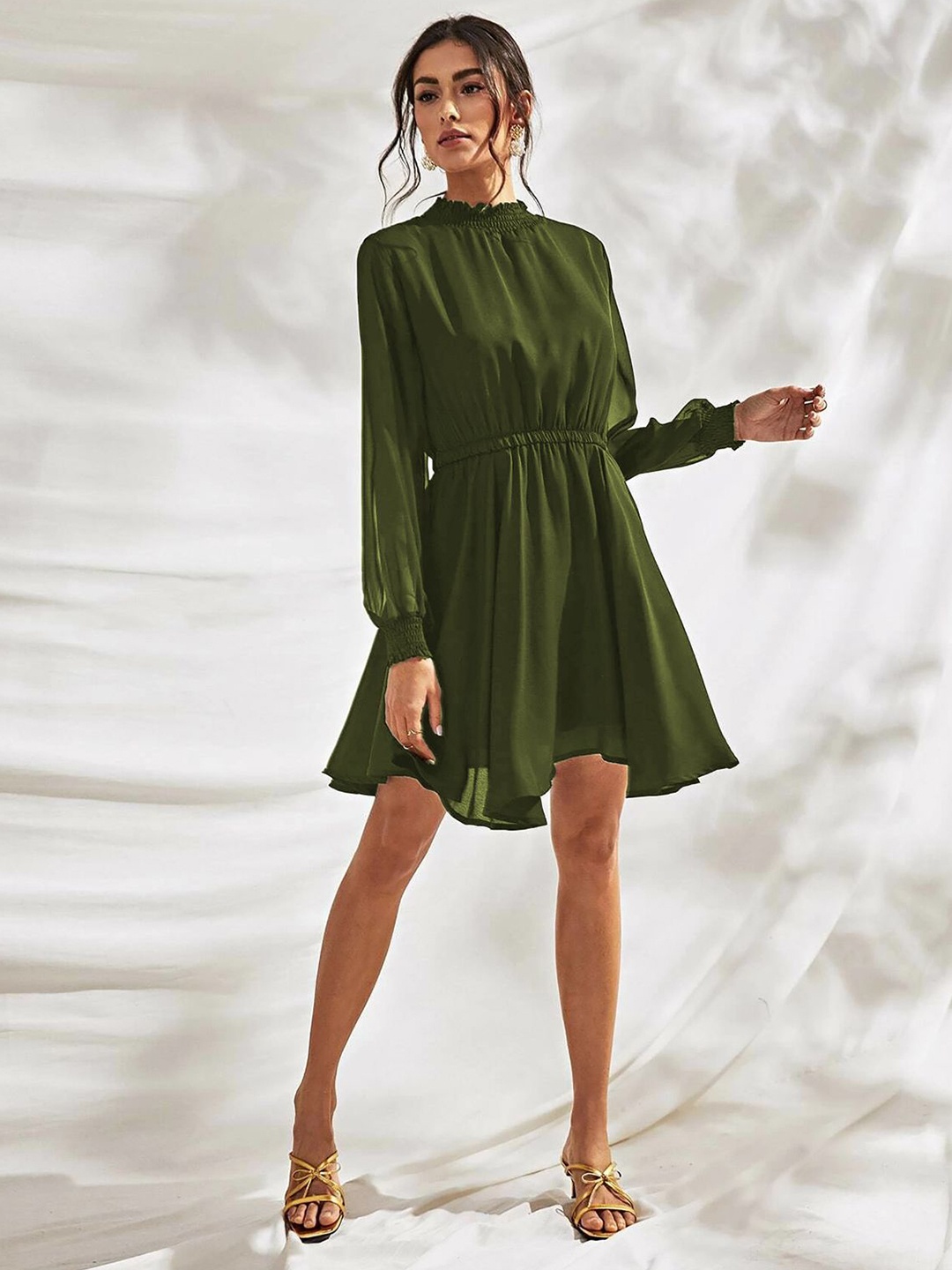 

ODETTE Women Mock Neck Cuffed Sleeves Above Knee Fit and Flare Dress, Green