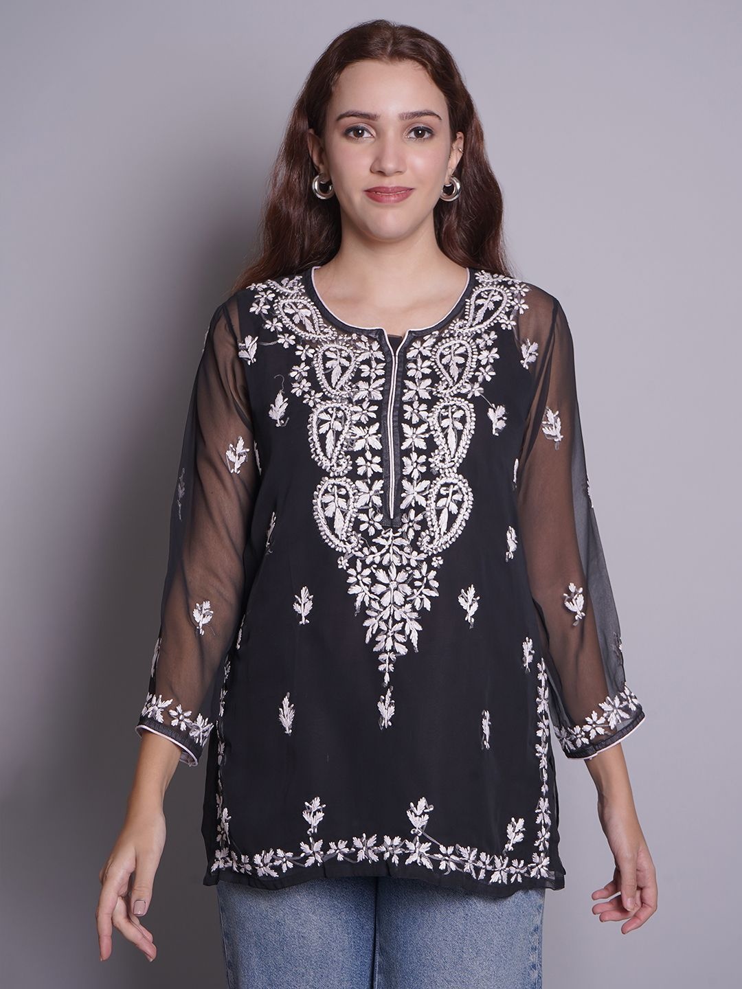 

Seva Chikan Ethnic Motifs Embroidered Chikankari Kurti, Black