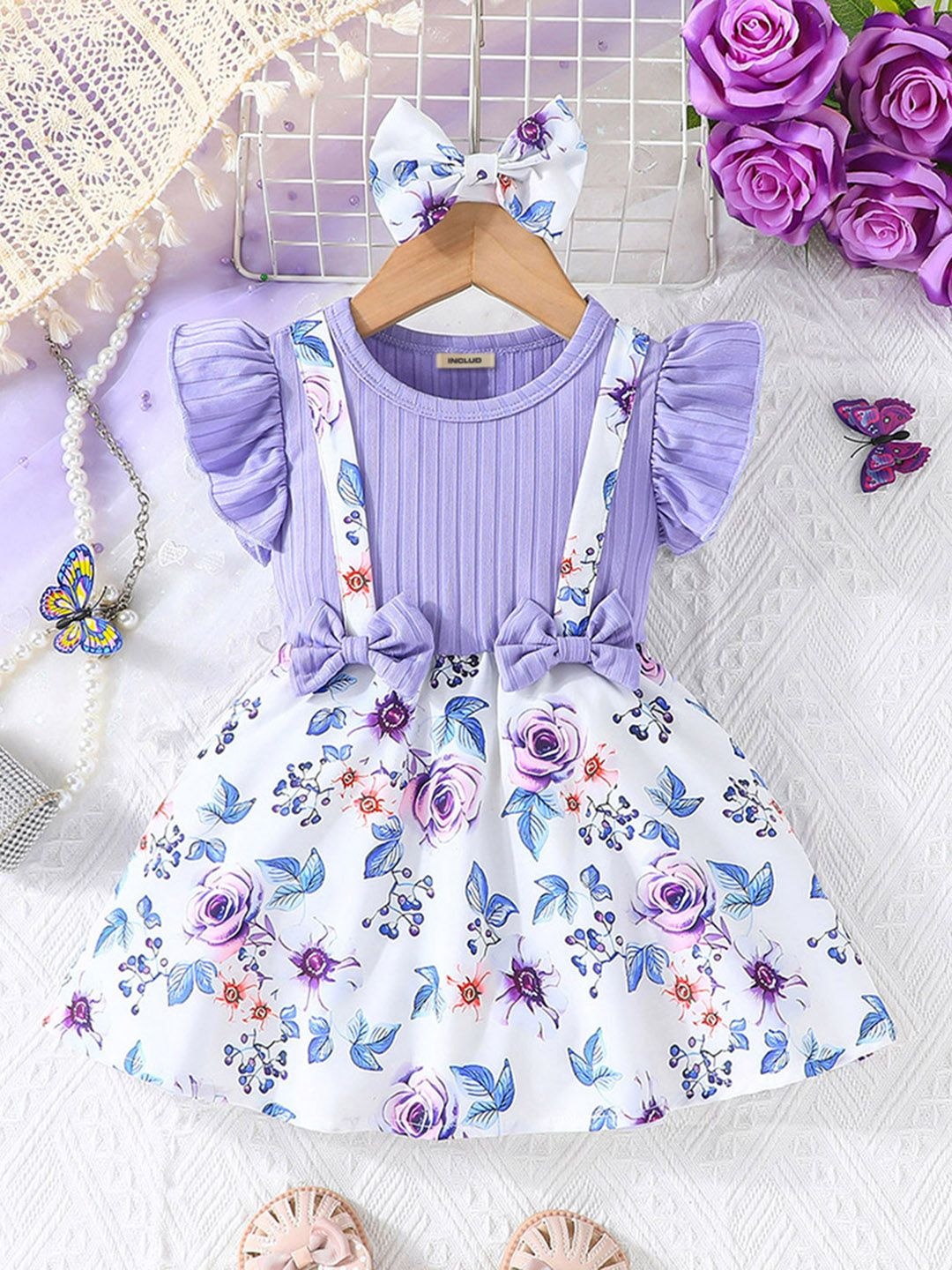 

INCLUD Girls Floral Printed Flutter Sleeve Fit & Flare Mini Dress, Purple