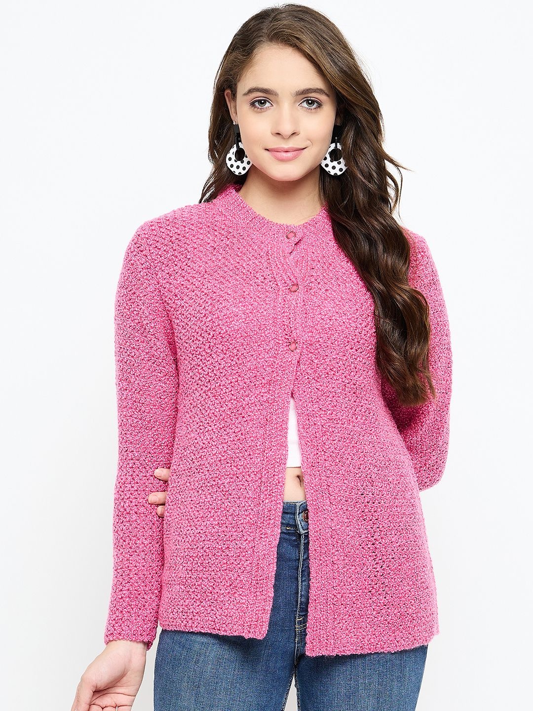 

CREATIVE LINE Women Round Neck Winter Woollen Longline Cardigan, Pink