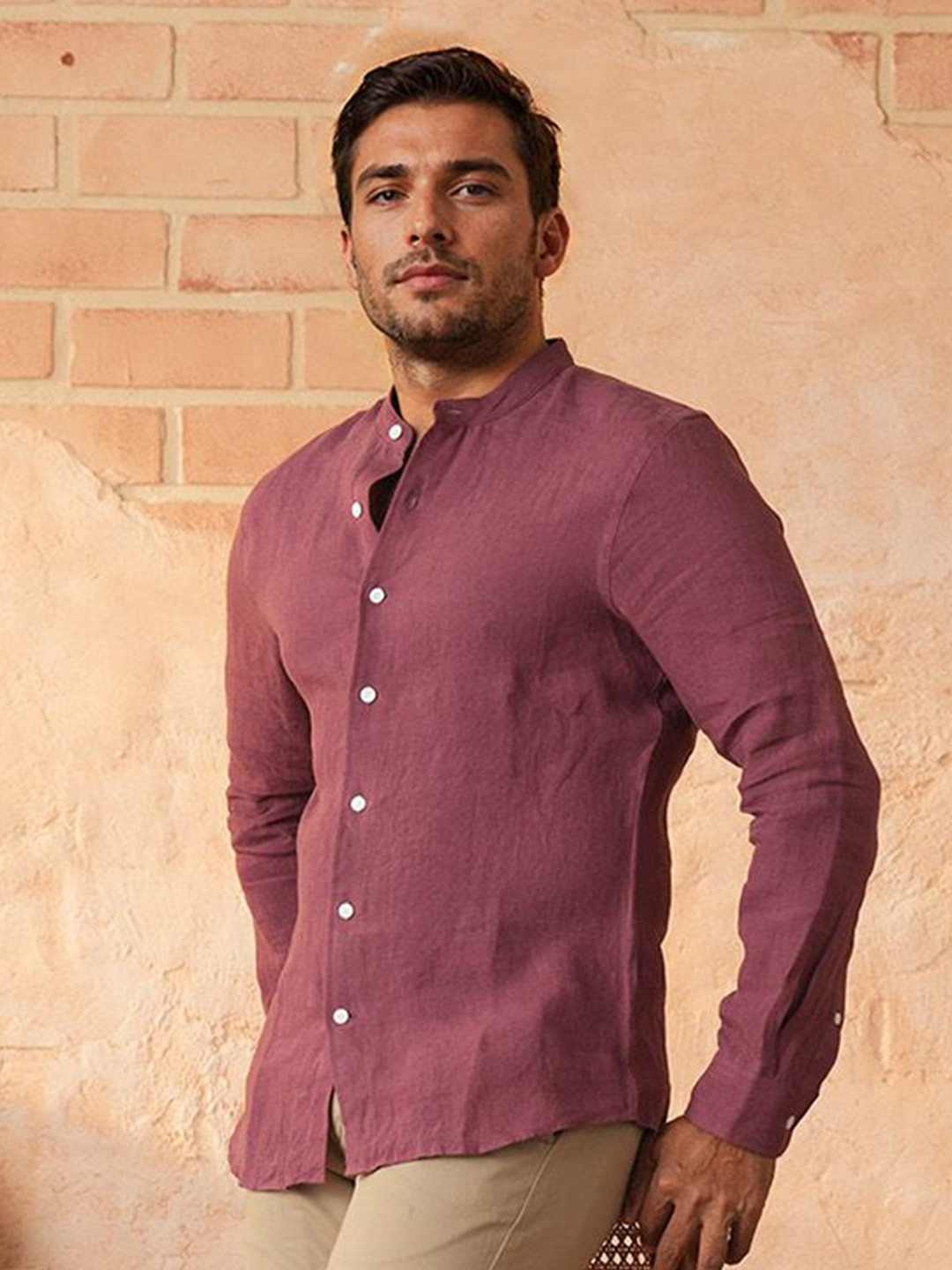 

Monks of Method Men Comfort Band Collar Solid Casual Shirt, Purple