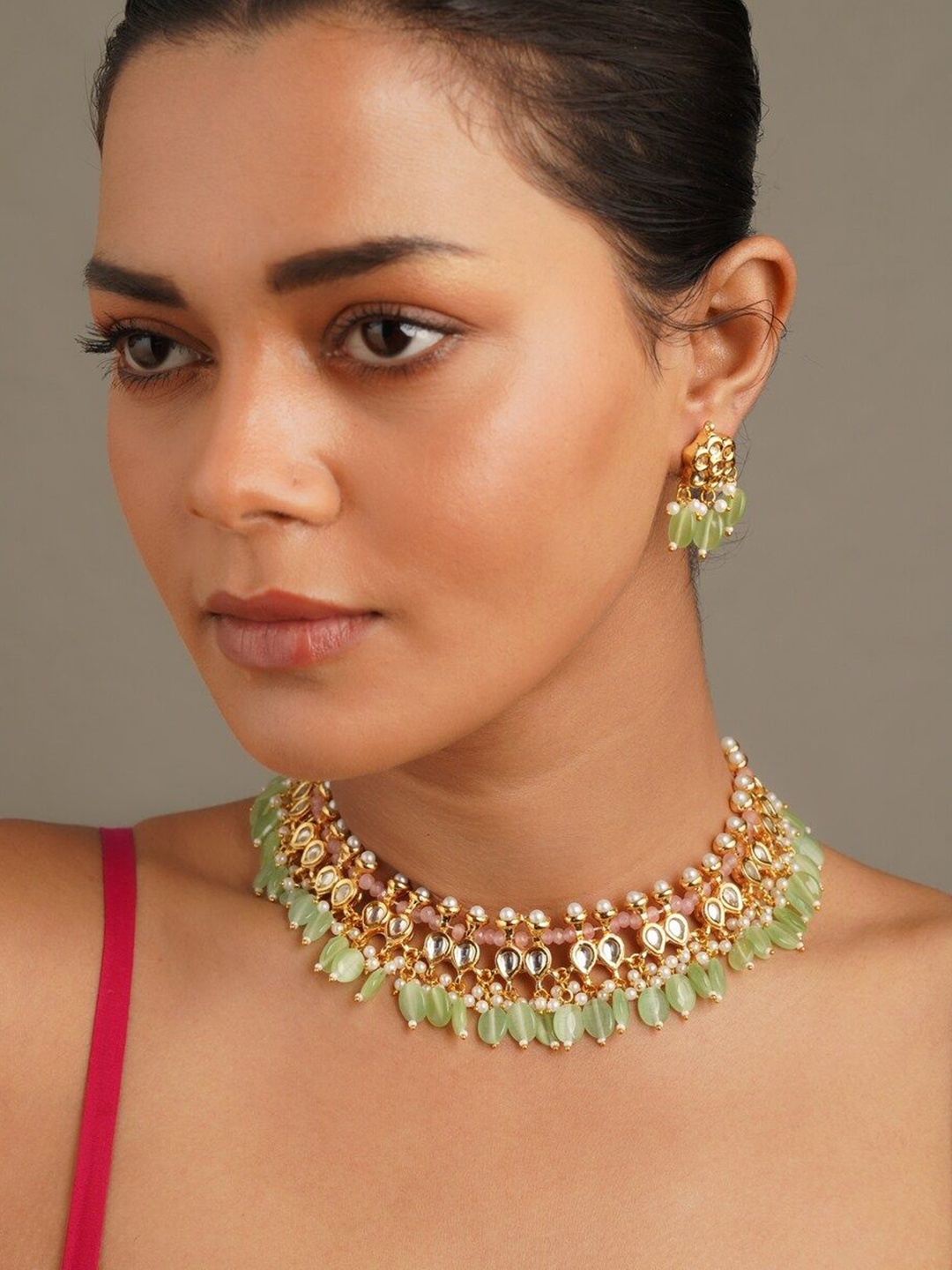 

JAYPORE Stones Studded & Beaded Jewellery Set, Green