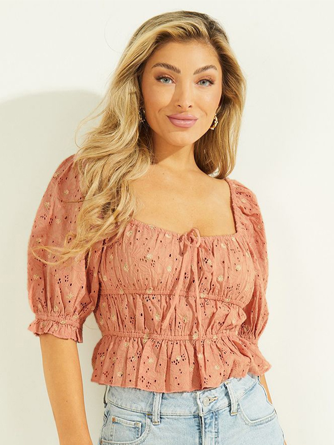 

GUESS Women Ethnic Motifs Embroidered Puff Sleeve Top, Peach