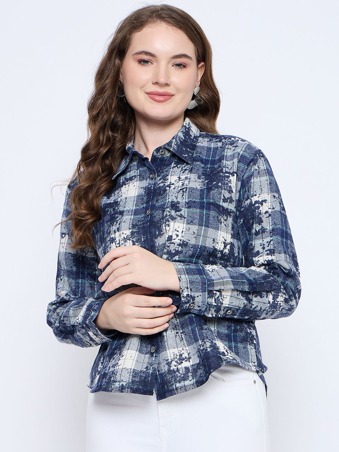 

Madame Women Spread Collar Abstract Printed Casual Shirt, Blue