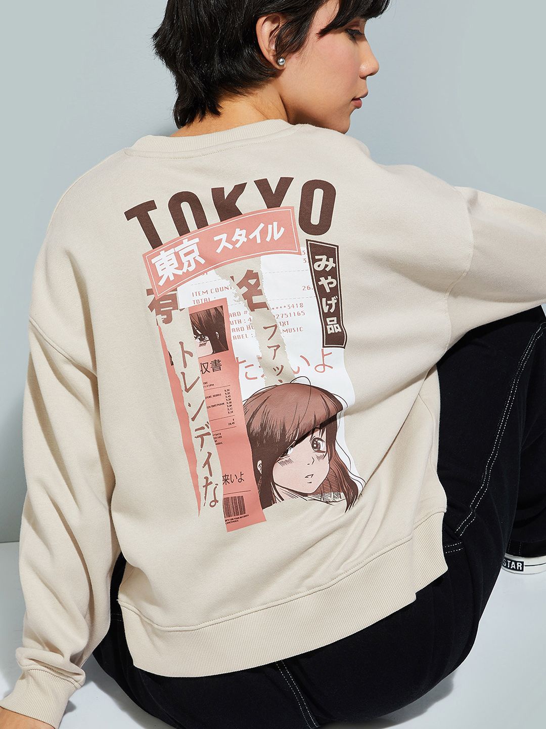 

max URB_N Women Oversized Back Printed Sweatshirt, Beige