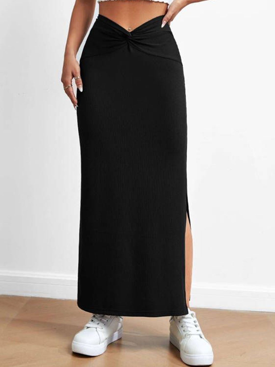 

HERE&NOW Women Solid Knitted A-Line Maxi Skirt With Side Slit, Black