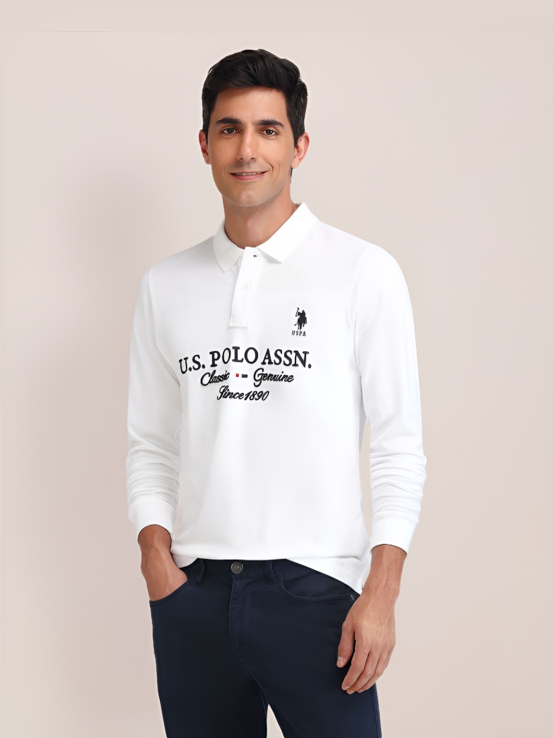 

U.S. Polo Assn. Men Typography Printed Polo Collar Cotton Slim Fit T-shirt, White