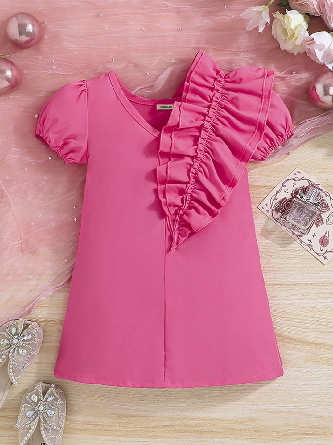 

INCLUD Girls Puff Sleeve Applique A-Line Mini Dress, Pink