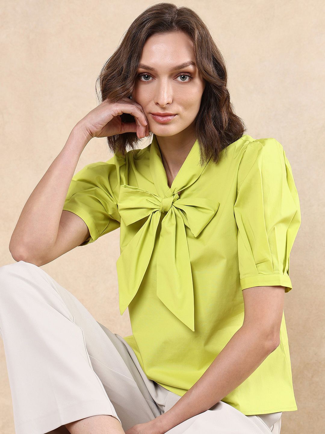 

RAREISM Women Solid Tie-Up Neck Cotton Top, Green