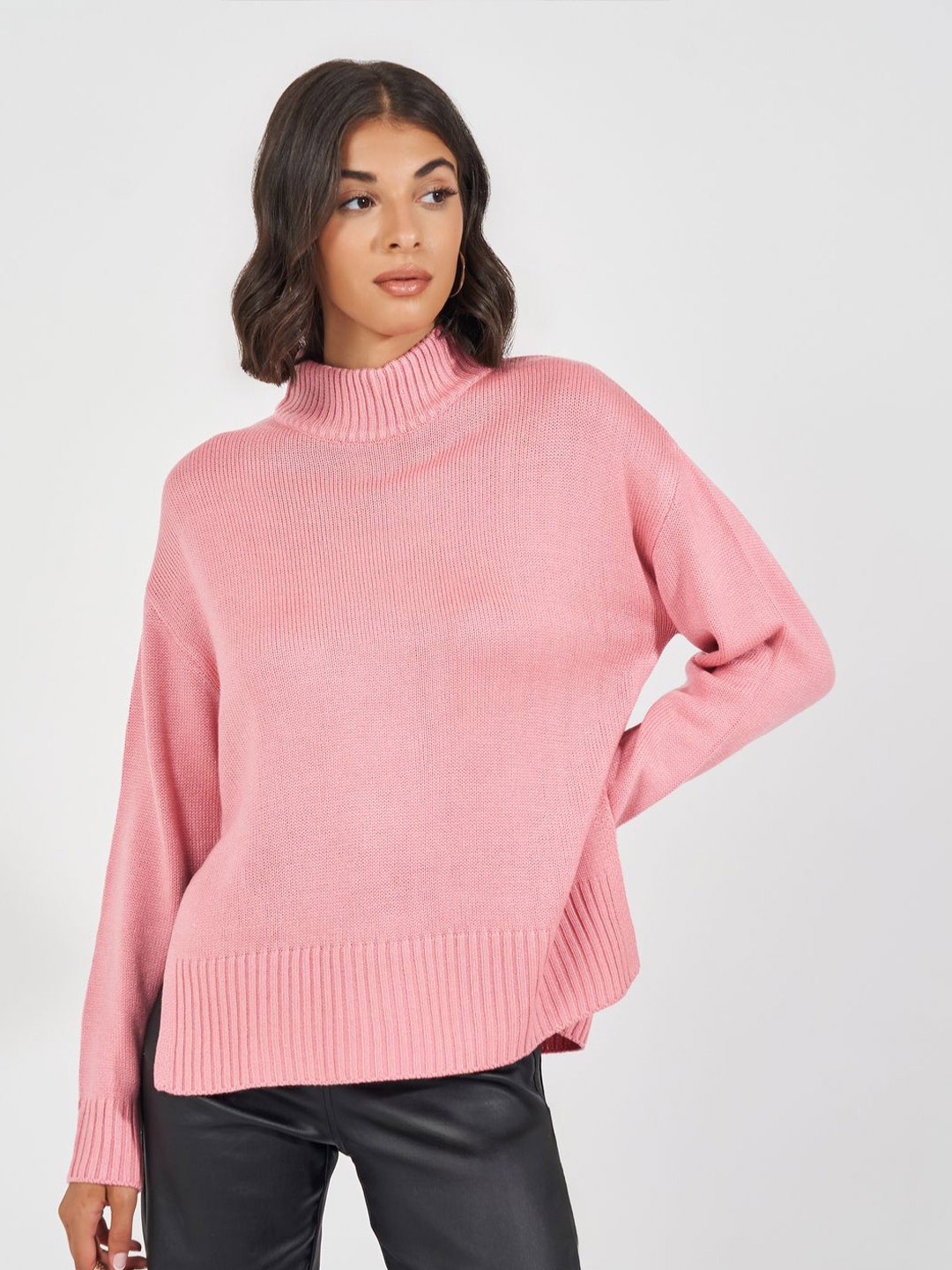 

Styli Women Boxy Fit Regular High Neck Sweater, Pink