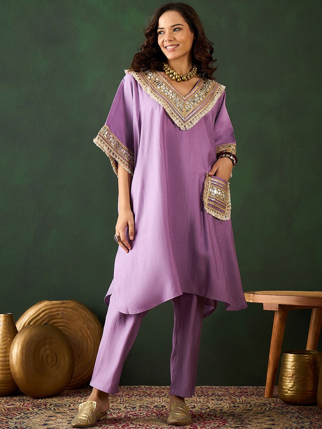 

Sangria Purple V-Neck Short Sleeves Regular Mirror Work Kaftan Kurta With Trouser