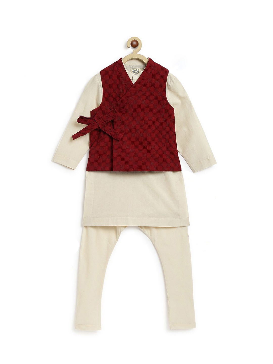 

Tiber Taber Boys Band Collar Pure Cotton Maharajah Kurta With Churidar & Jacket, Maroon