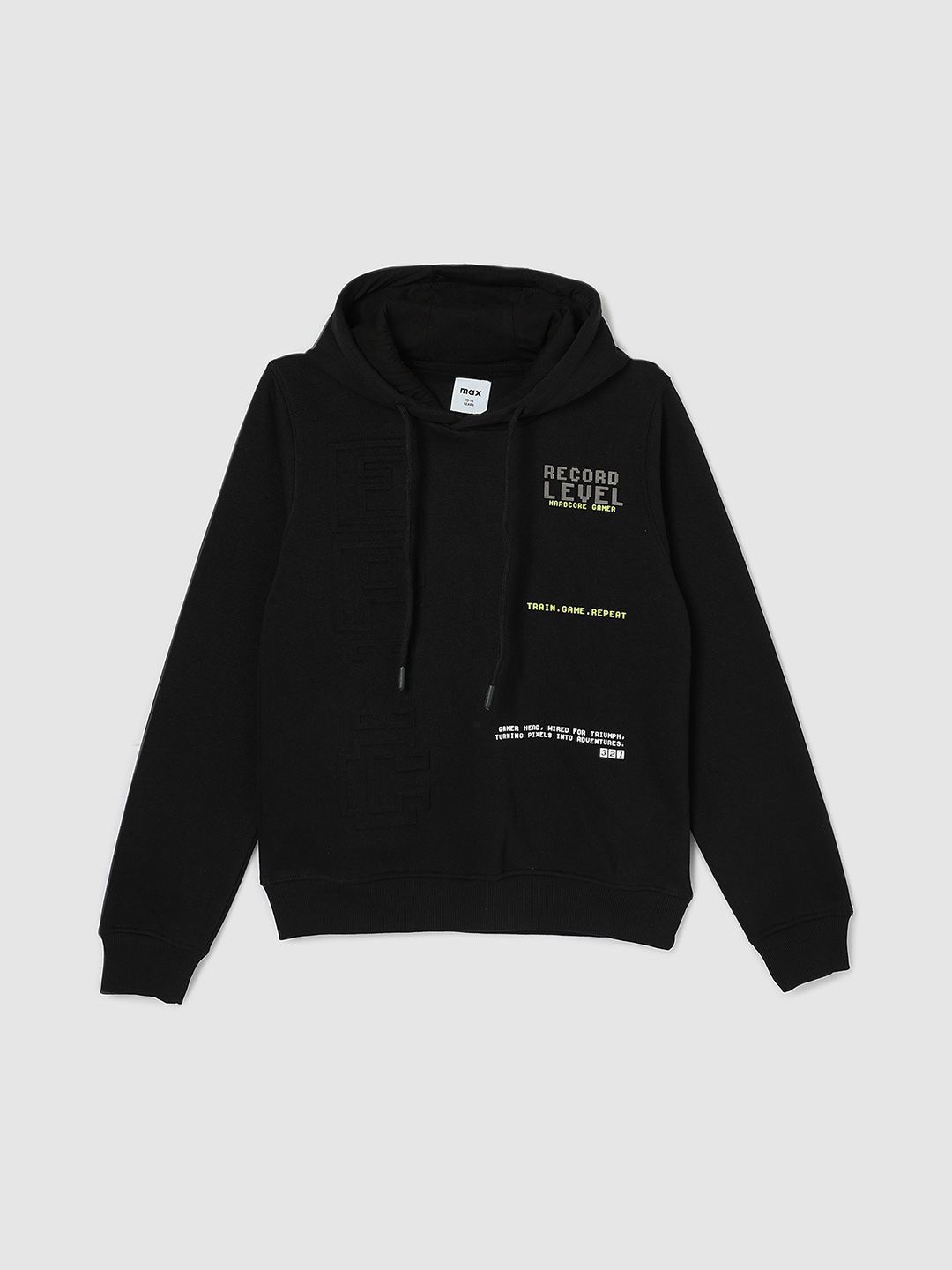 

max Boys Printed Cotton Long Sleeves Hooded Sweatshirt, Black